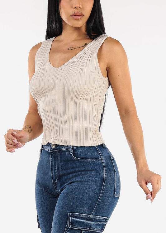 Sleeveless Vneck Knitted Stretch Top Oatmeal