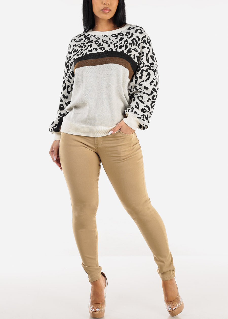 Round Neck Long Sleeve Animal Print Sweater Beige