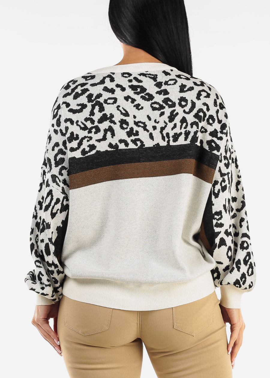 Round Neck Long Sleeve Animal Print Sweater Beige