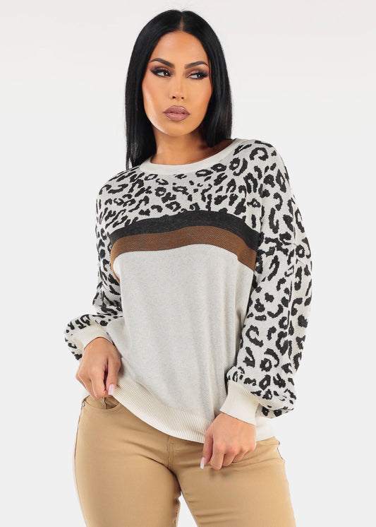 Round Neck Long Sleeve Animal Print Sweater Beige