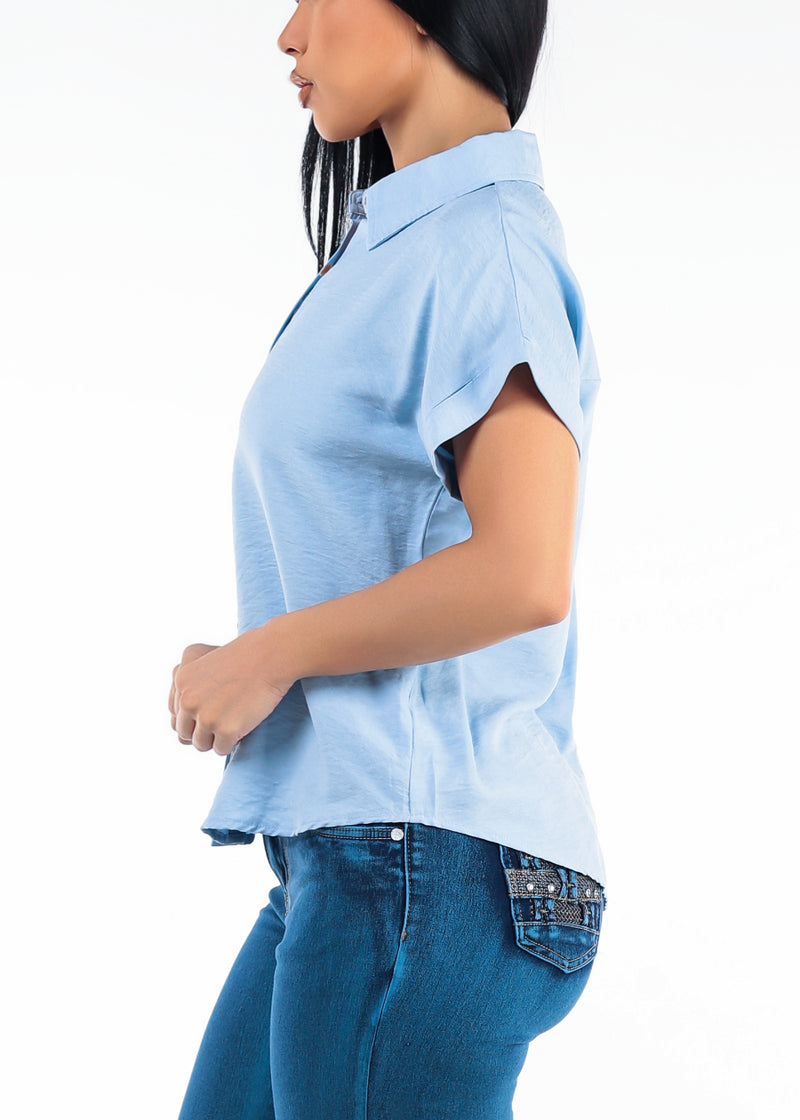 Short Sleeve Button Down Lightweight Blouse Light Blue
