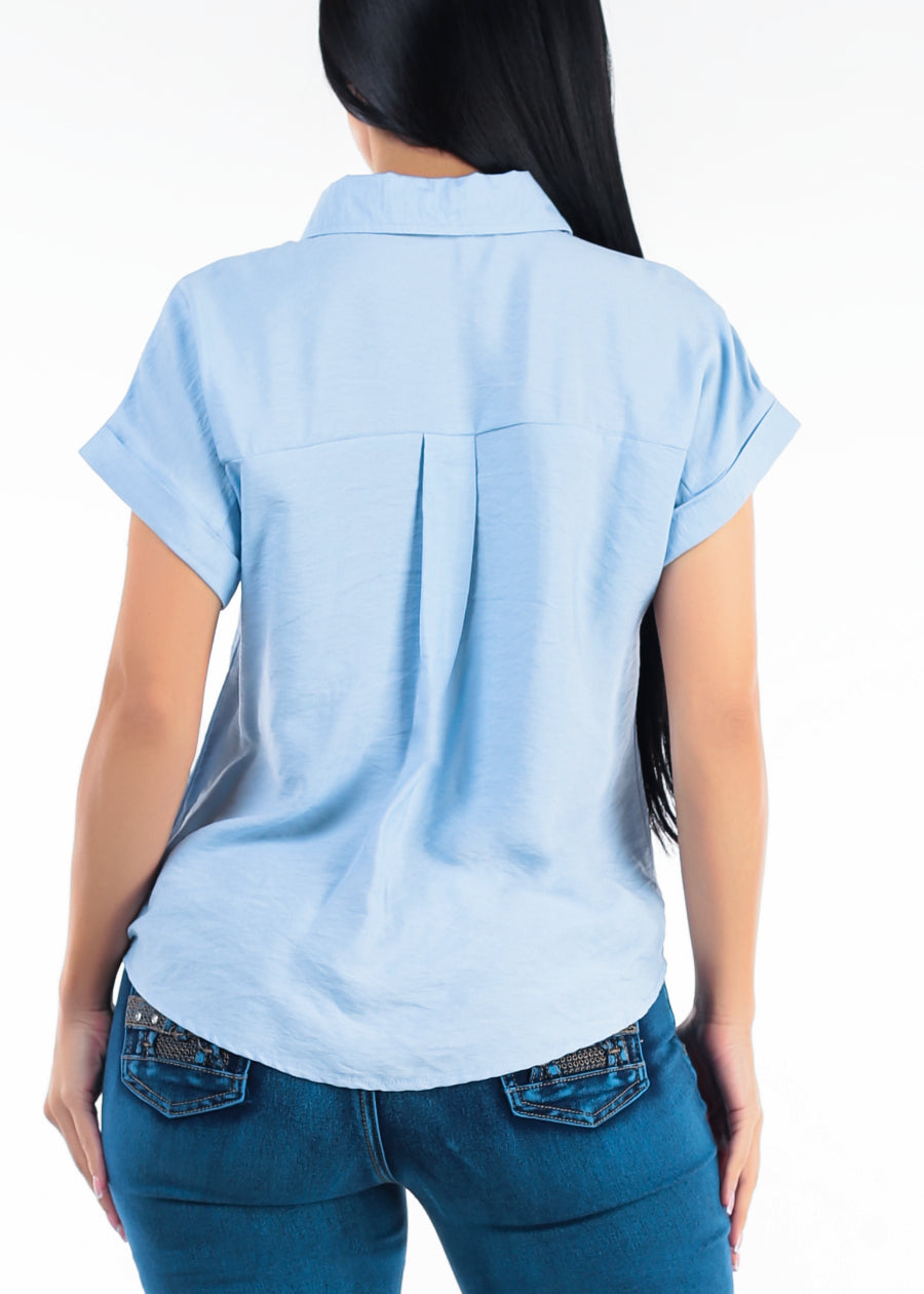 Short Sleeve Button Down Lightweight Blouse Light Blue