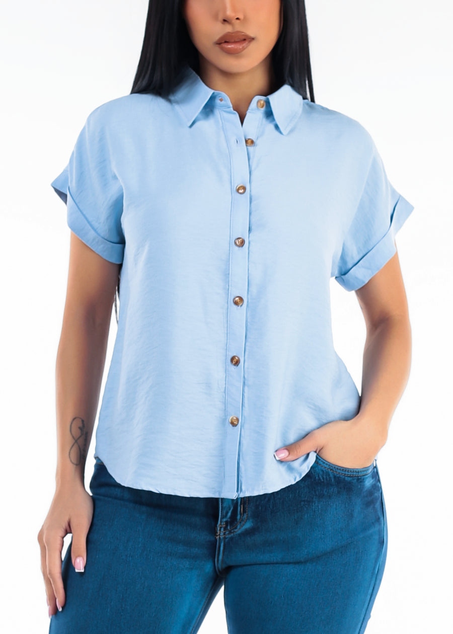 Short Sleeve Button Down Lightweight Blouse Light Blue
