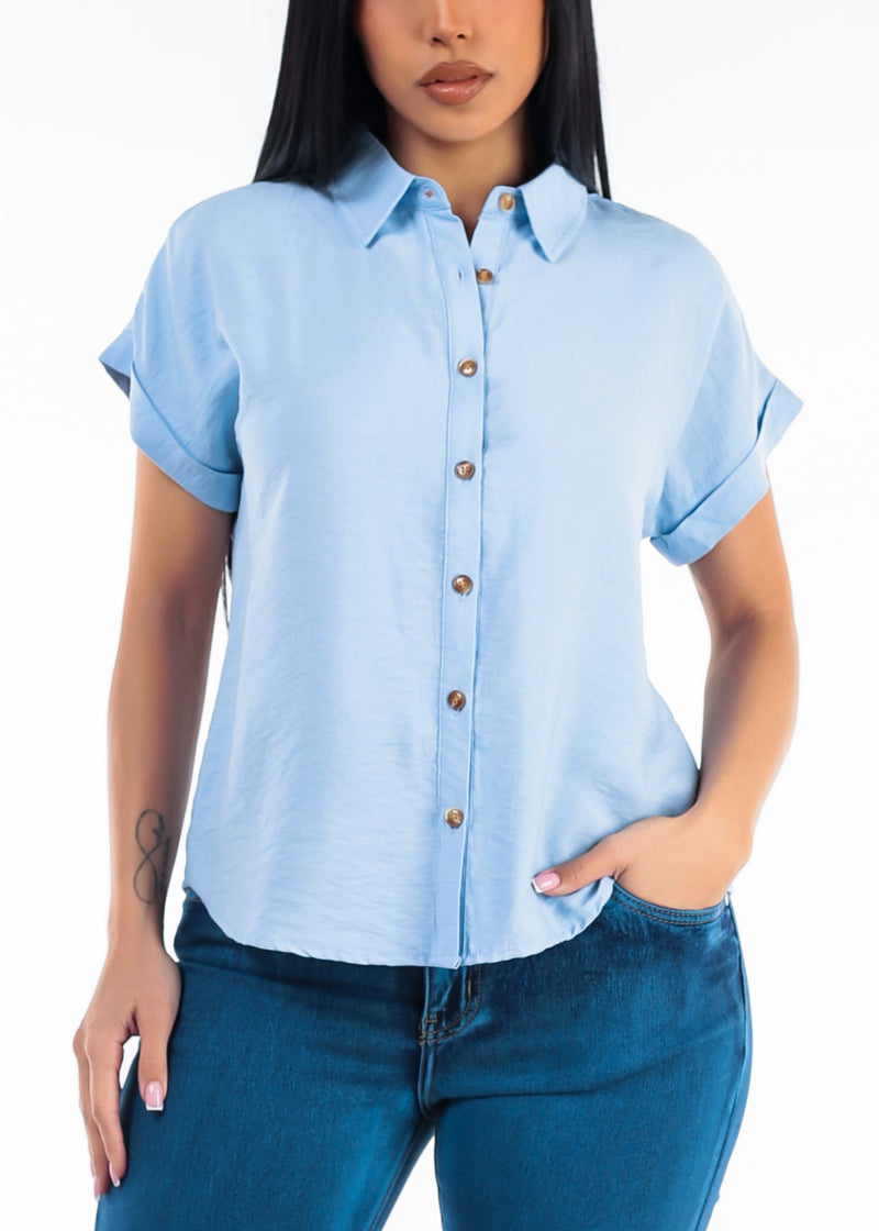 Short Sleeve Button Down Lightweight Blouse Light Blue