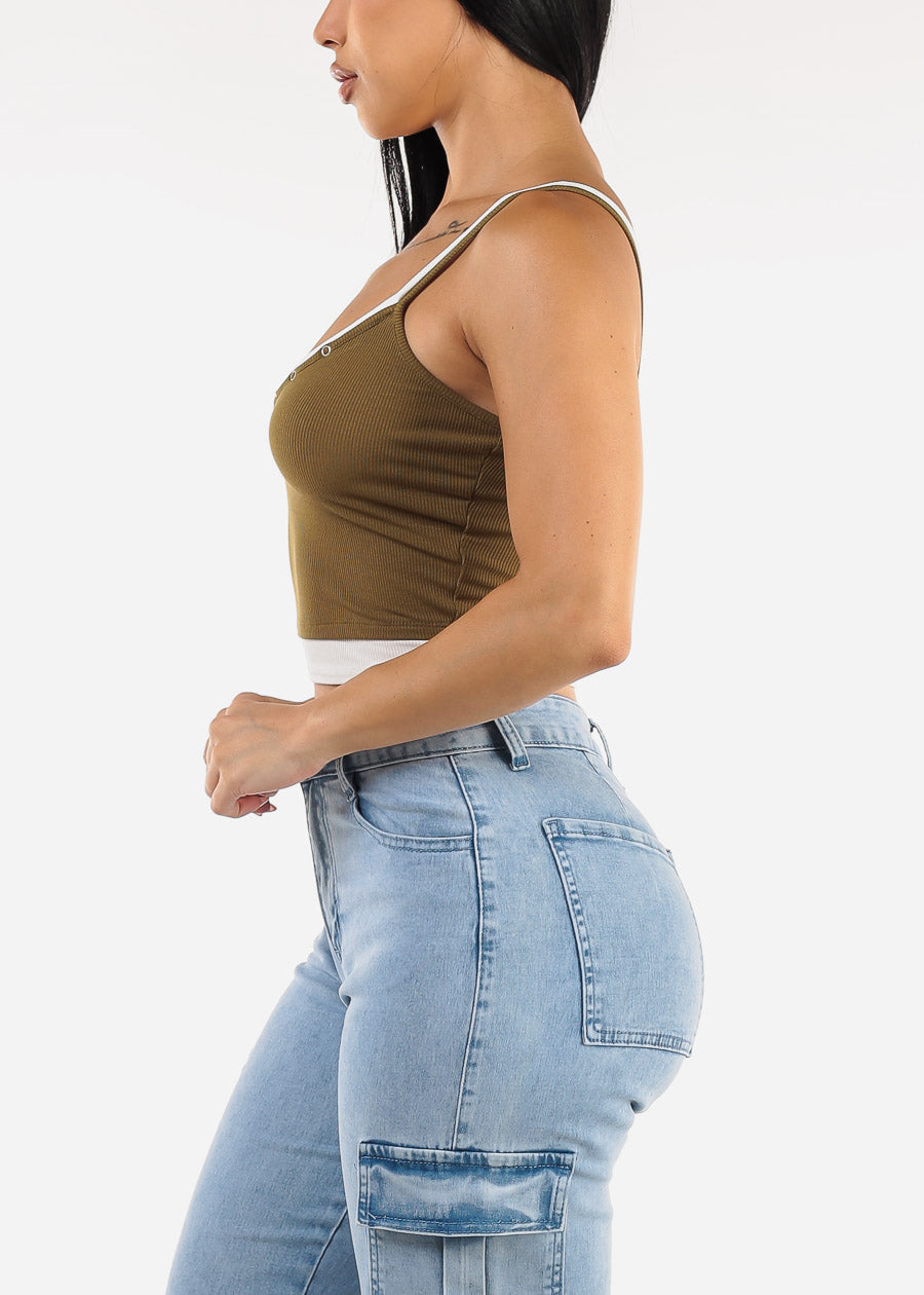 Sleeveless Vneck Layered Stretch Crop Top Olive