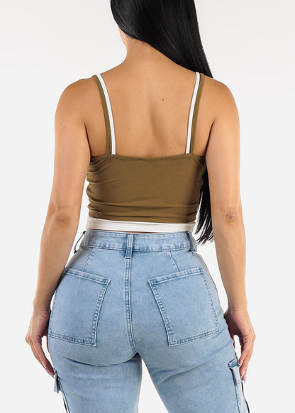 Sleeveless Vneck Layered Stretch Crop Top Olive