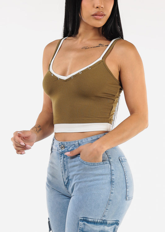 Sleeveless Vneck Layered Stretch Crop Top Olive