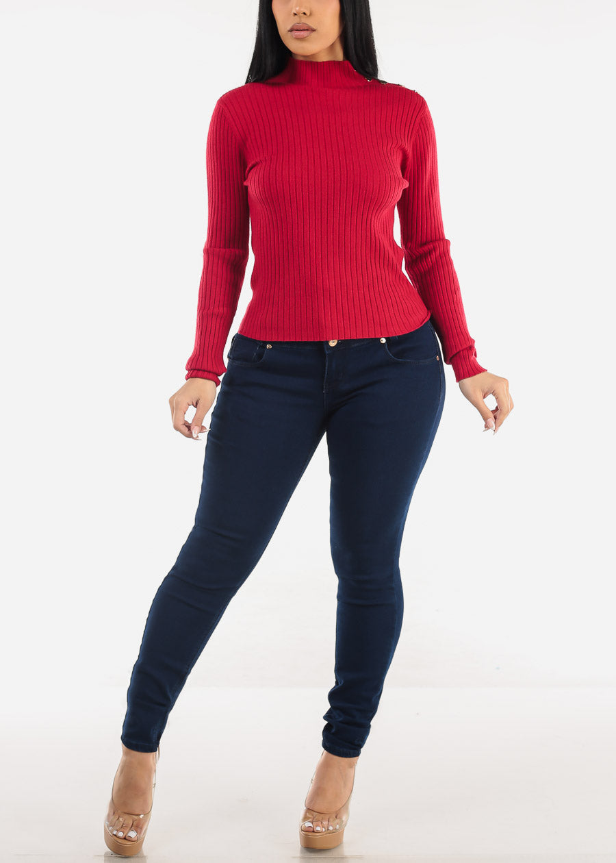 Long Sleeve Knitted Sweater Red w Button Detail