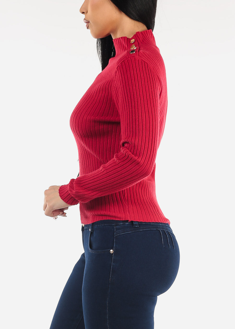 Long Sleeve Knitted Sweater Red w Button Detail