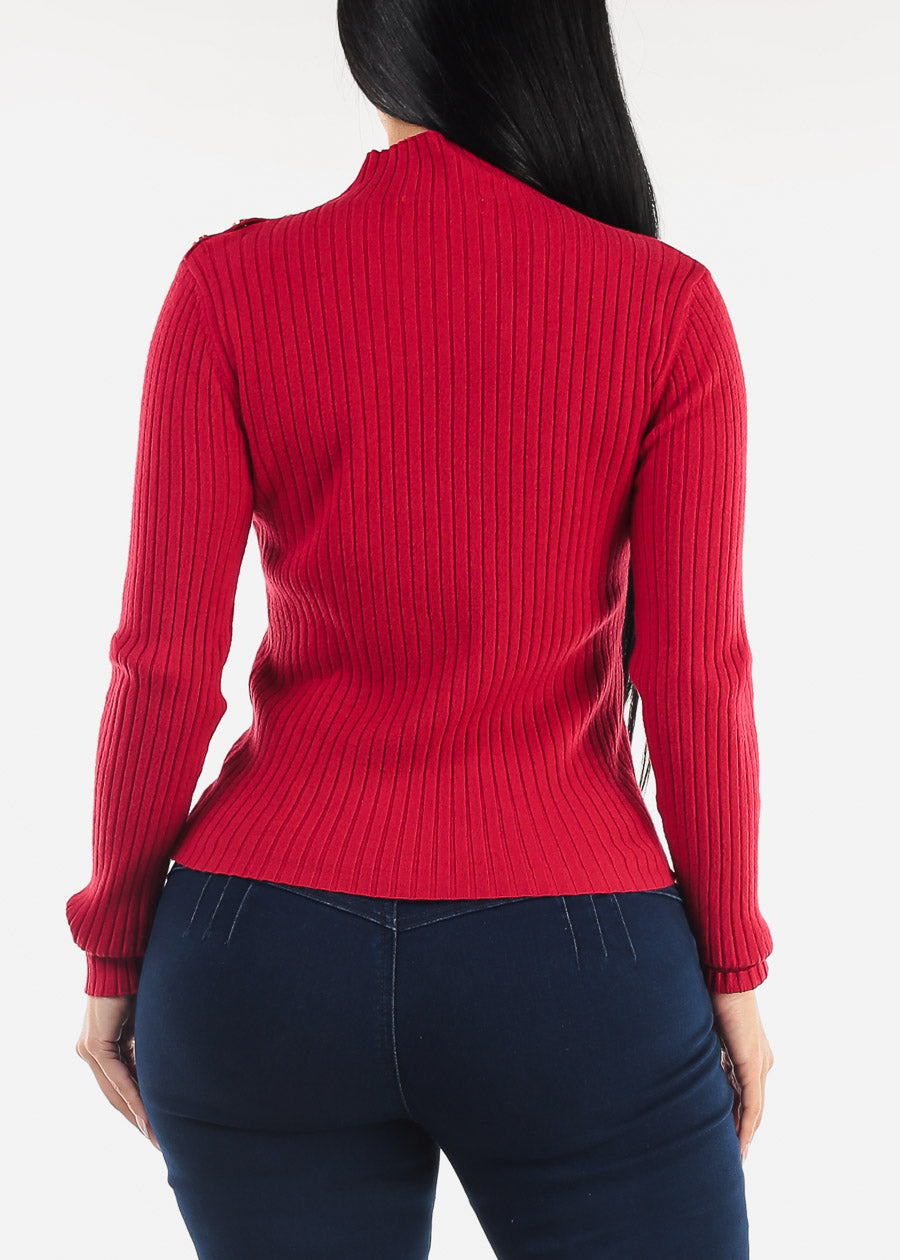 Long Sleeve Knitted Sweater Red w Button Detail