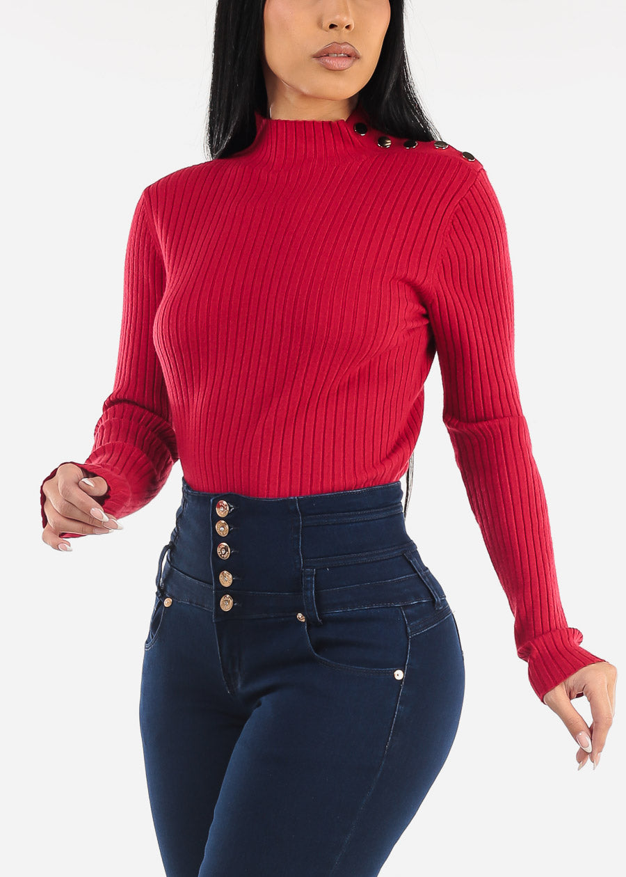 Long Sleeve Knitted Sweater Red w Button Detail