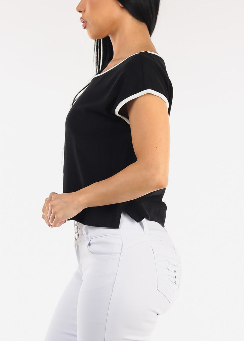 Short Sleeve Round Neck Linen Style Blouse Black