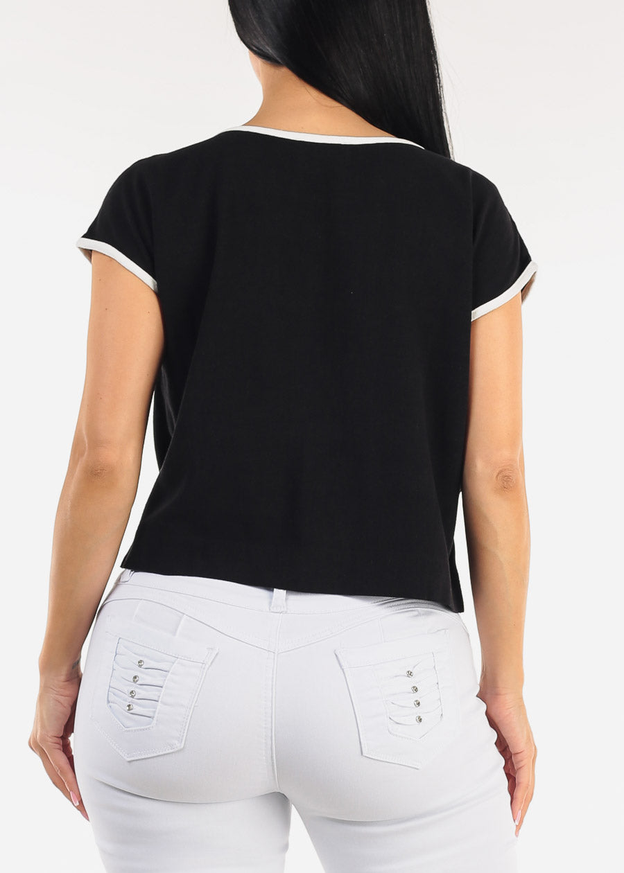 Short Sleeve Round Neck Linen Style Blouse Black