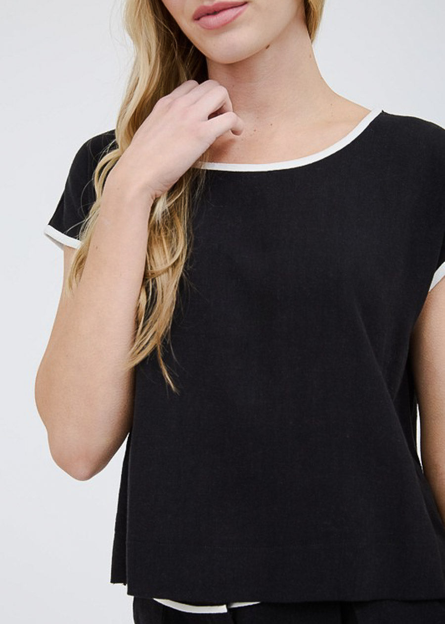 Short Sleeve Round Neck Linen Style Blouse Black