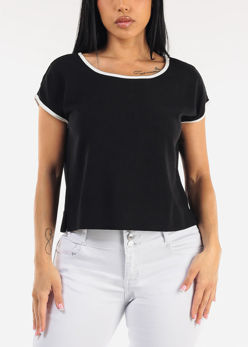 Short Sleeve Round Neck Linen Style Blouse Black