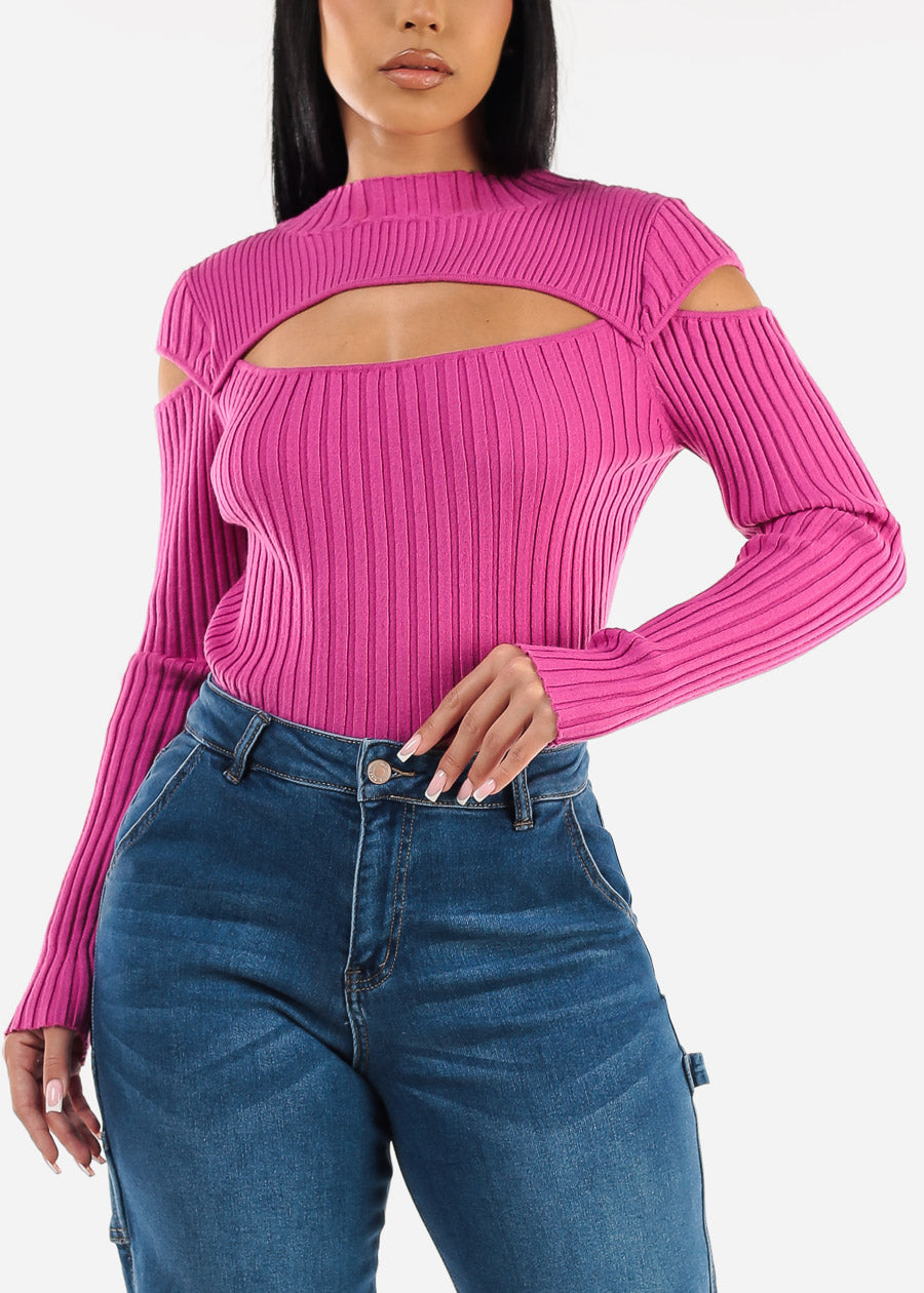 Mock Neck Stretchy Knit Cut Out Light Sweater Fuchsia