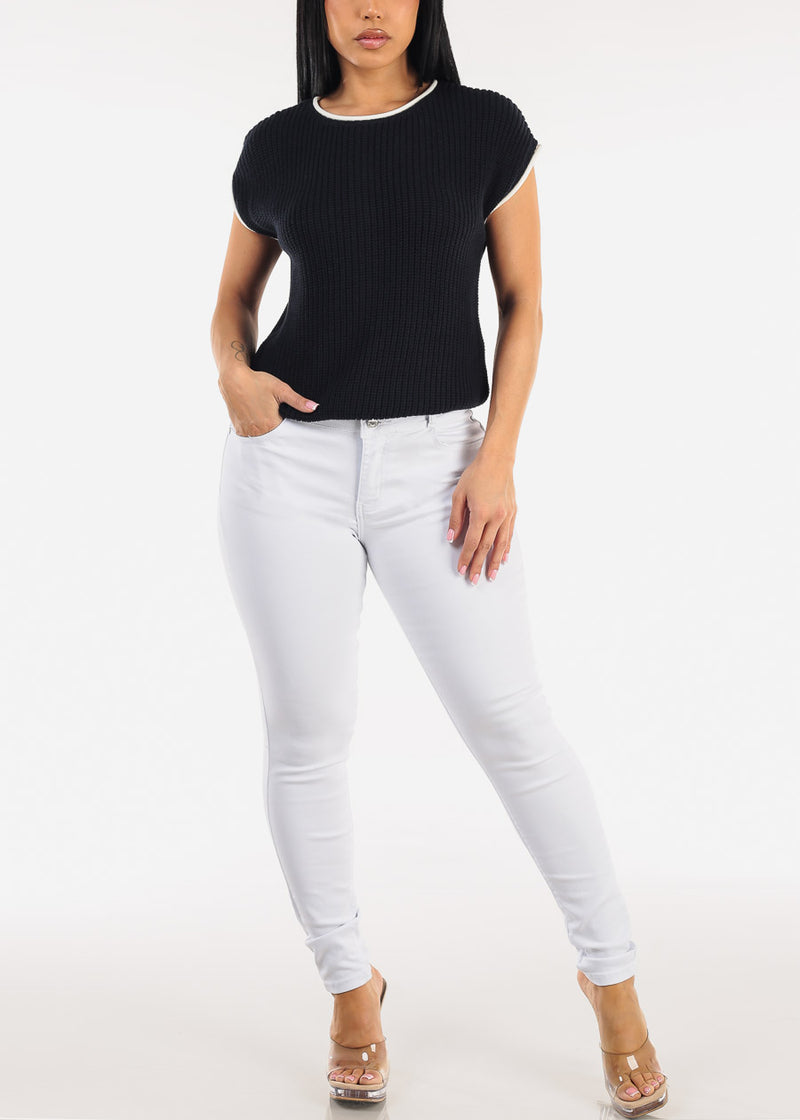 Short Sleeve Round Neck Knit Sweater Top Navy