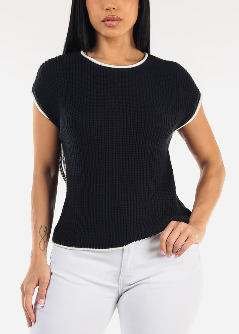 Short Sleeve Round Neck Knit Sweater Top Navy