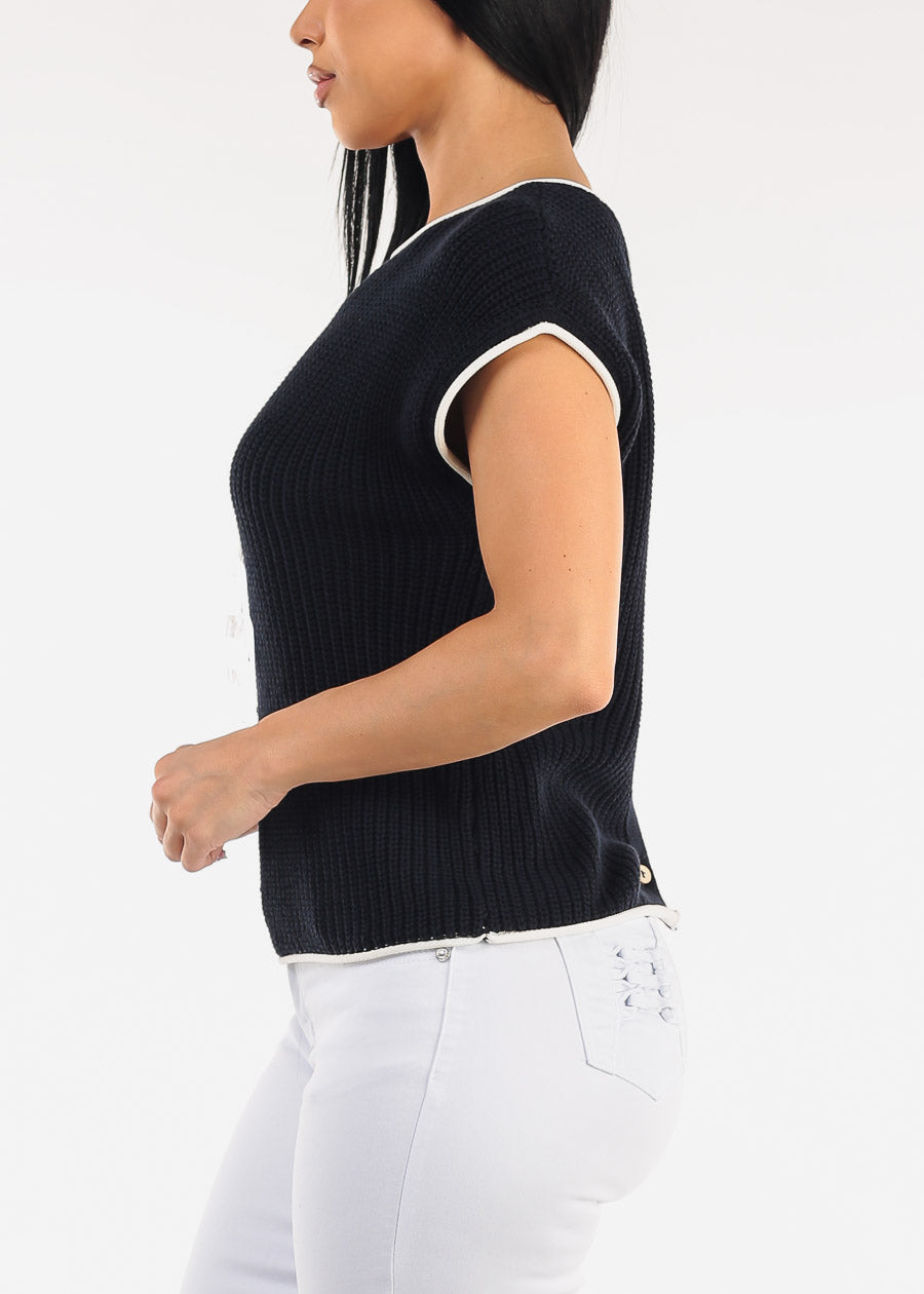 Short Sleeve Round Neck Knit Sweater Top Navy