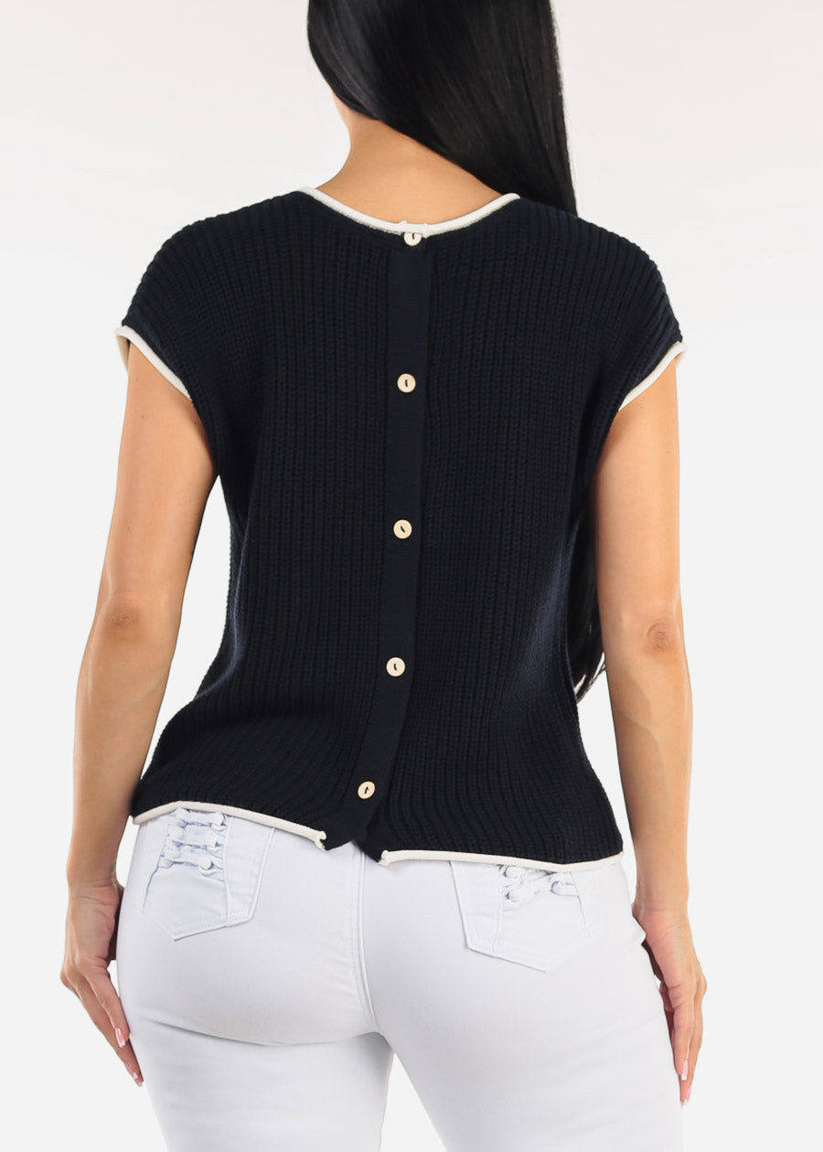 Short Sleeve Round Neck Knit Sweater Top Navy