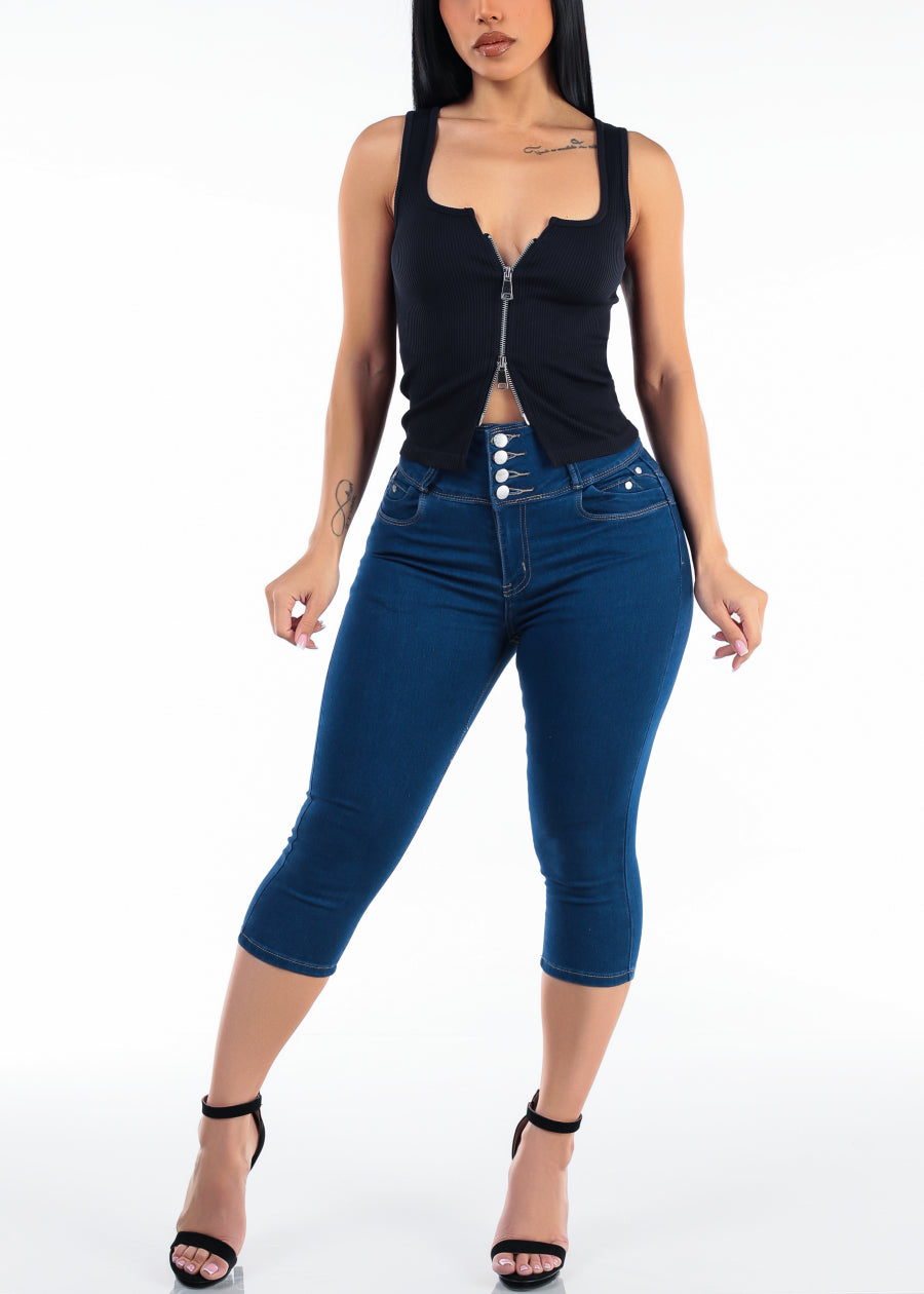 Sleeveless Zip Up Stretch Ribbed Top Black