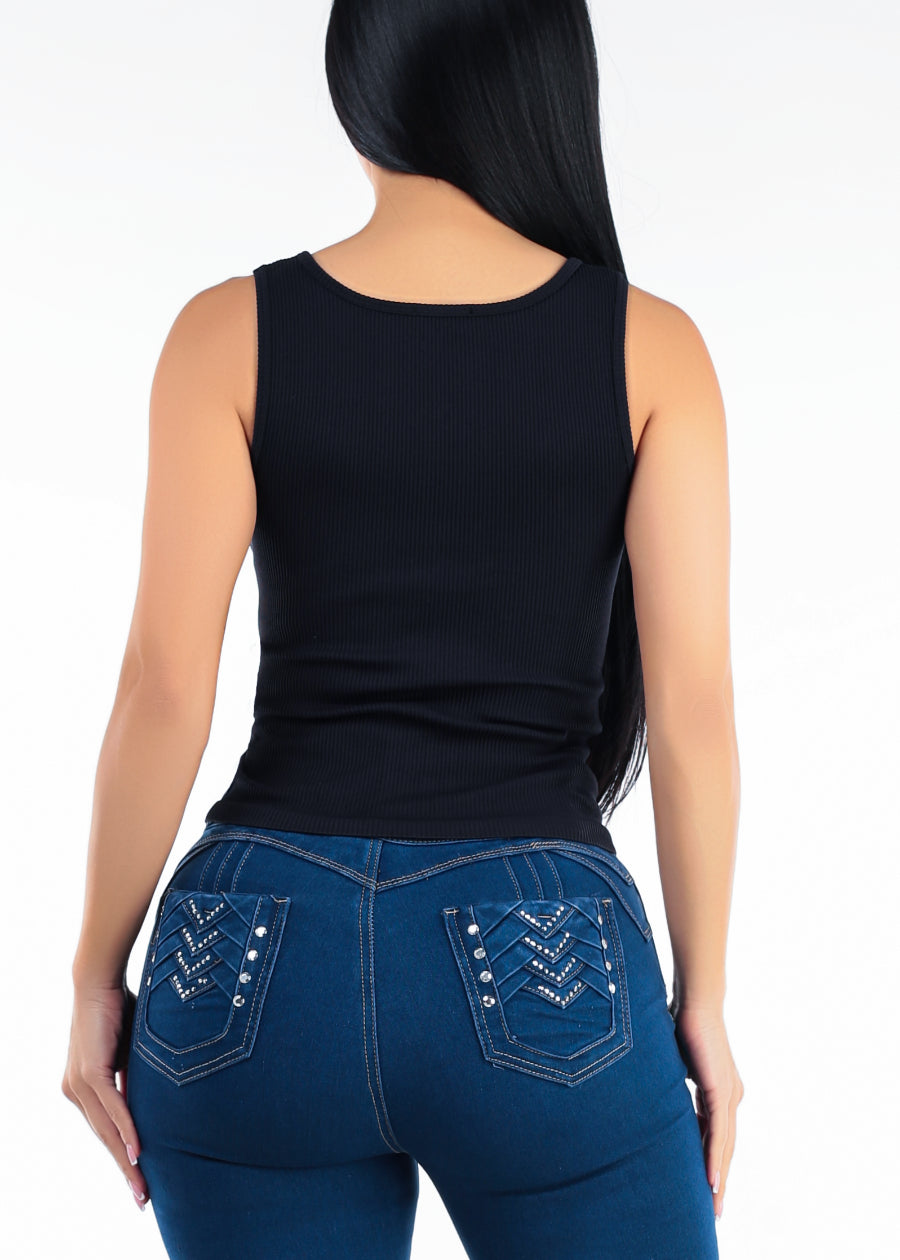 Sleeveless Zip Up Stretch Ribbed Top Black