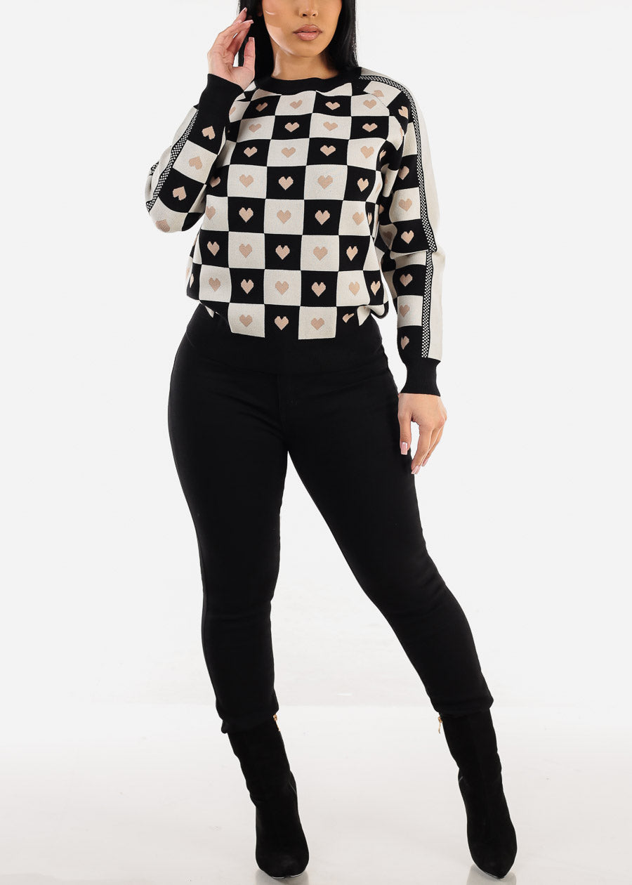 Round Neck Long Sleeve Printed Sweater Black & White