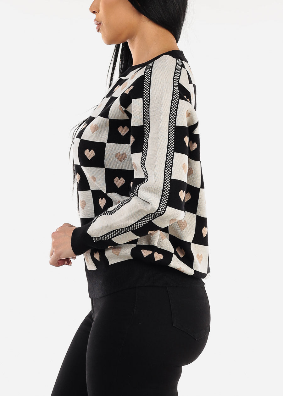 Round Neck Long Sleeve Printed Sweater Black & White