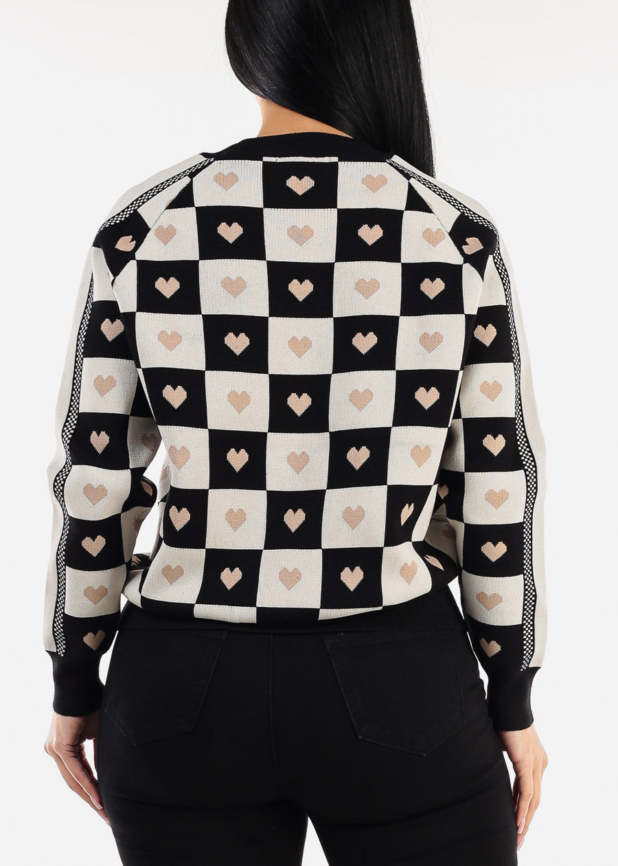 Round Neck Long Sleeve Printed Sweater Black & White