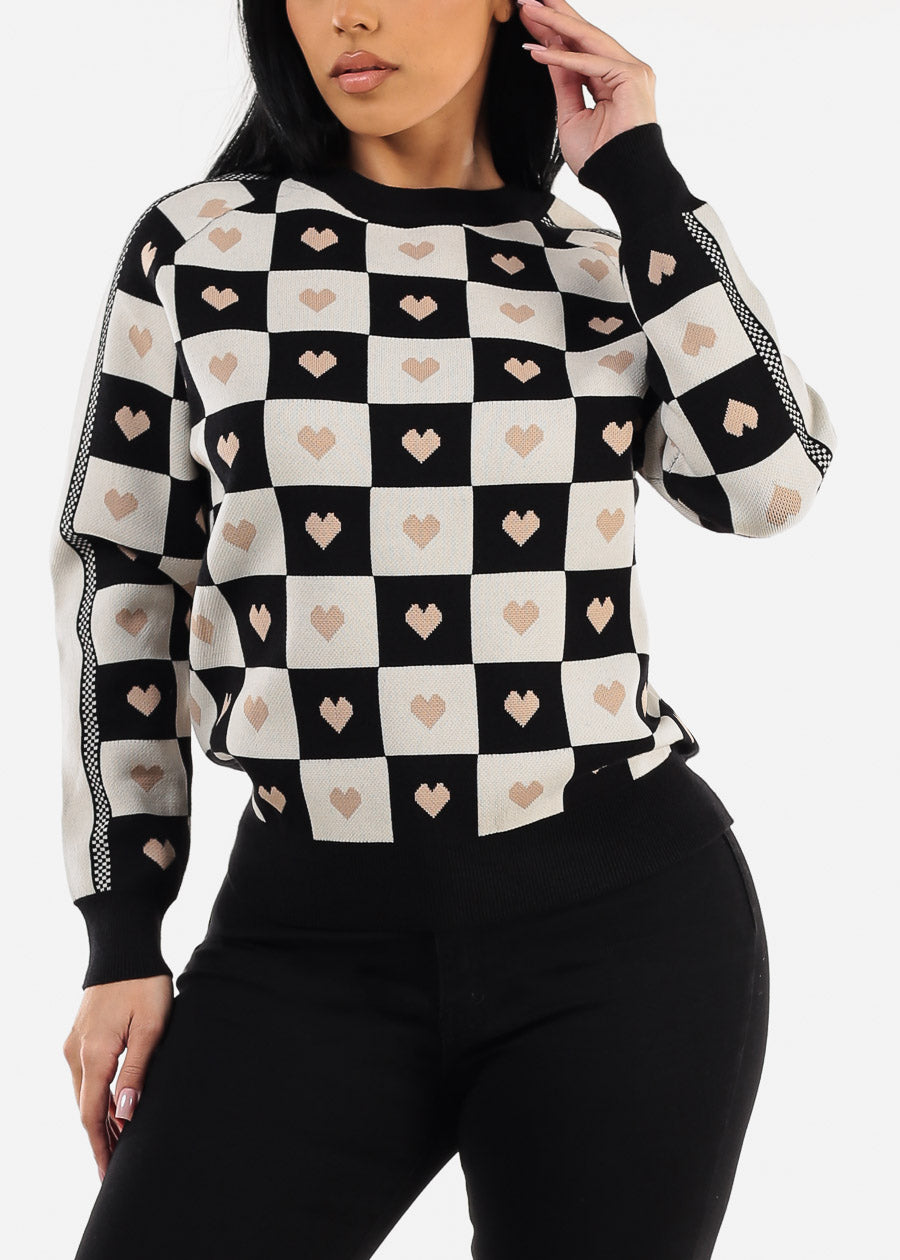 Round Neck Long Sleeve Printed Sweater Black & White