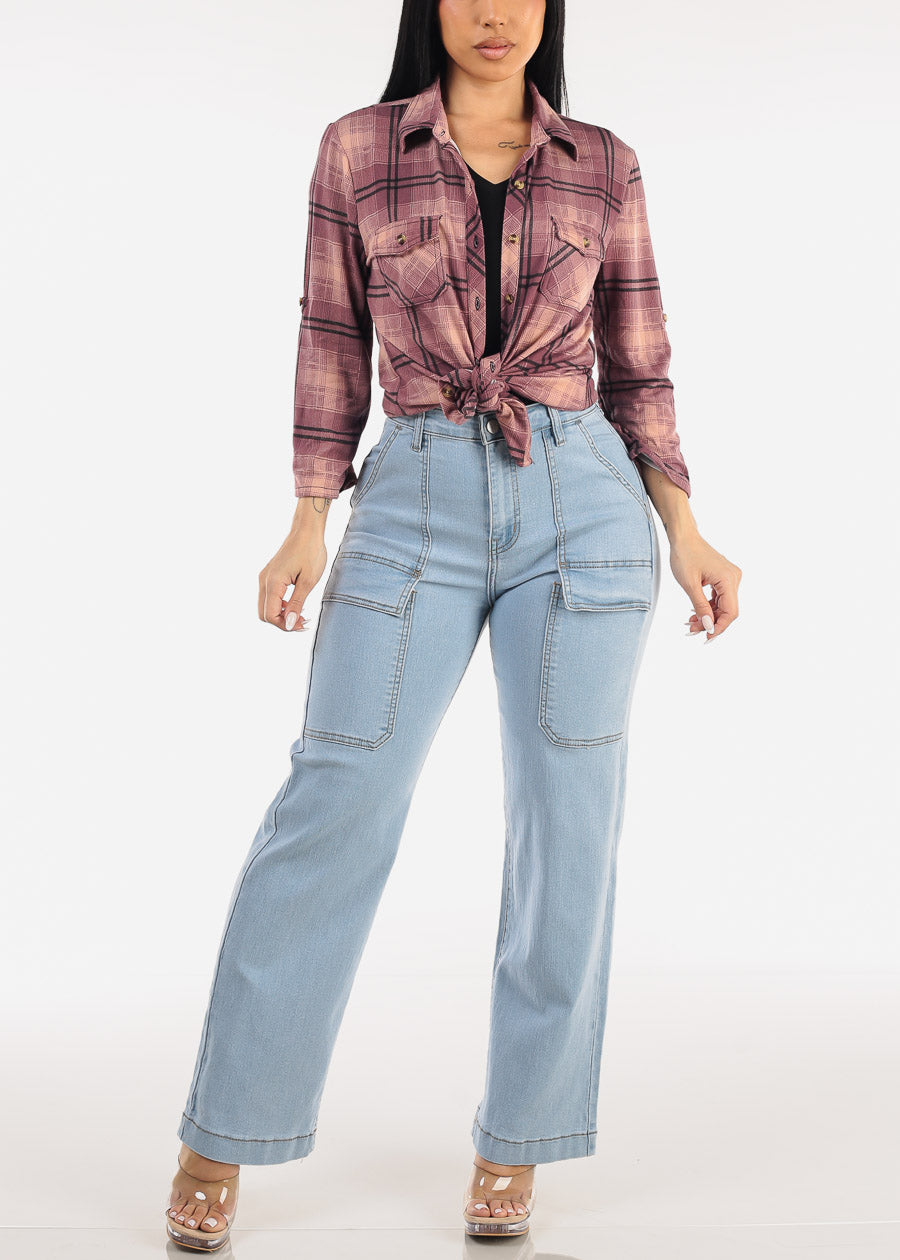 Stretch Long Sleeve Plaid Button Up Collared Blouse Mauve