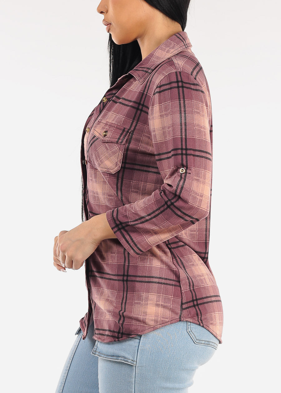 Stretch Long Sleeve Plaid Button Up Collared Blouse Mauve