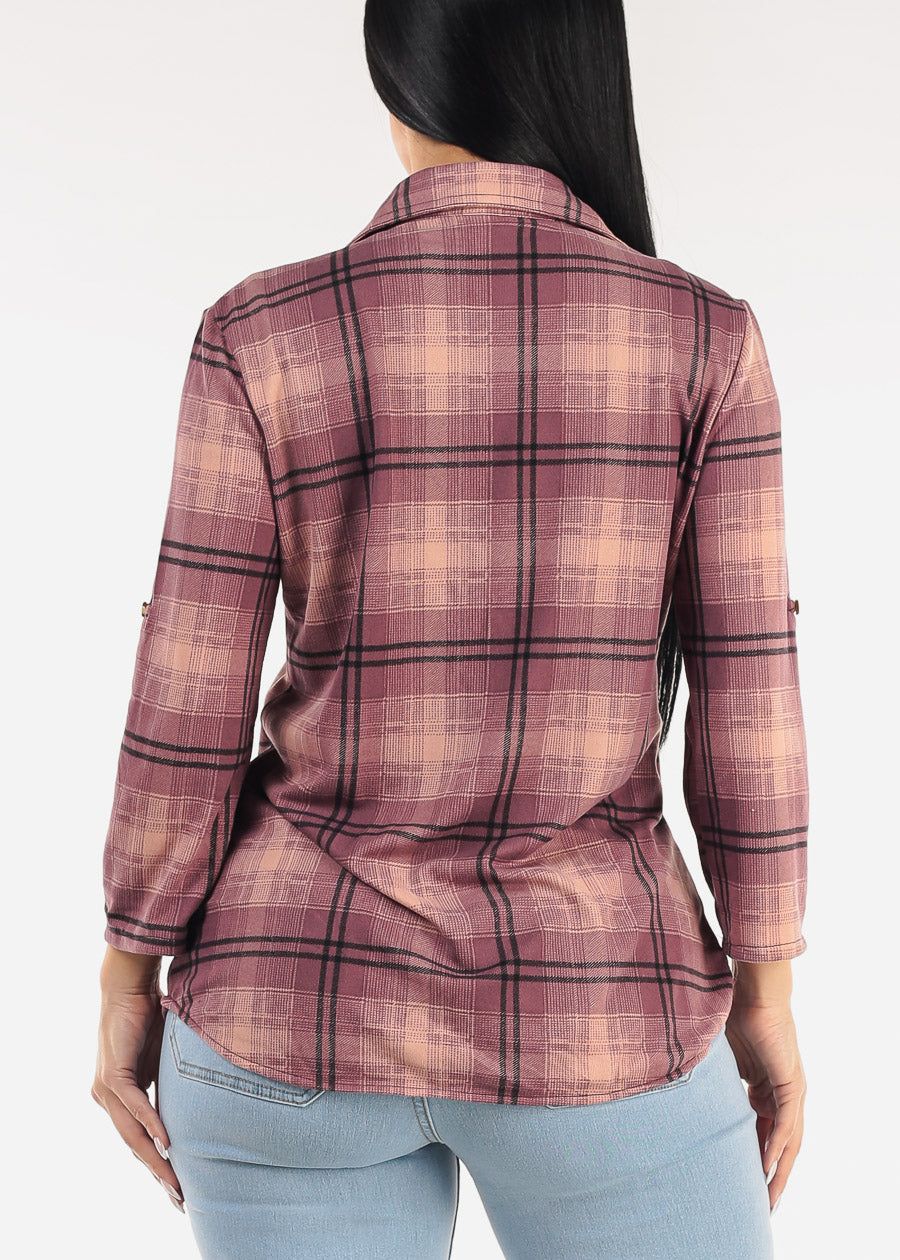 Stretch Long Sleeve Plaid Button Up Collared Blouse Mauve