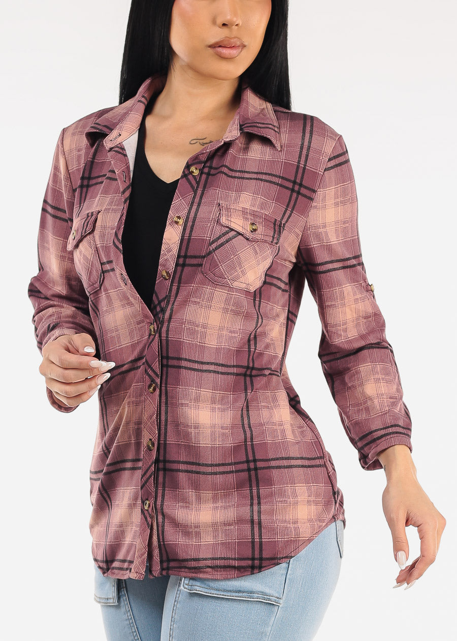Stretch Long Sleeve Plaid Button Up Collared Blouse Mauve