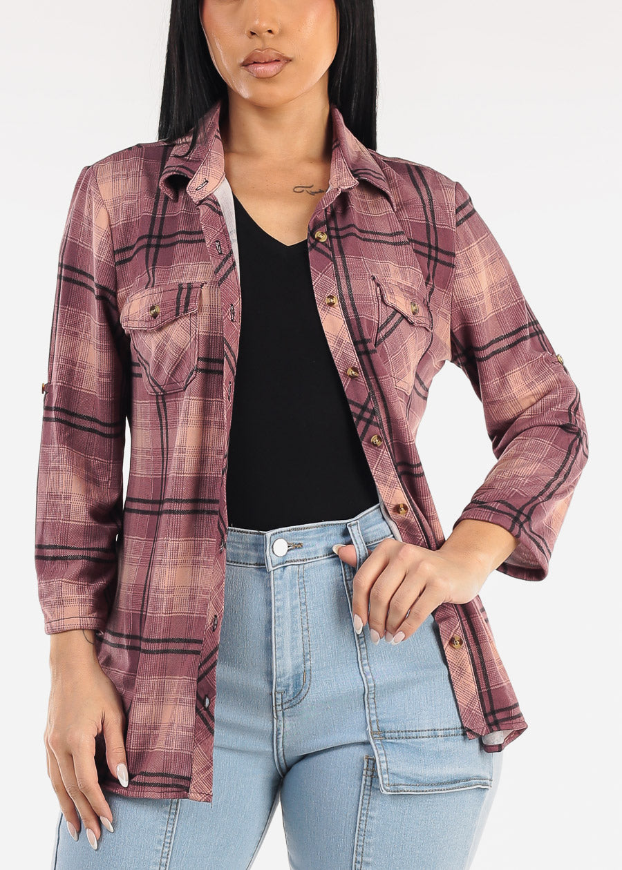 Stretch Long Sleeve Plaid Button Up Collared Blouse Mauve