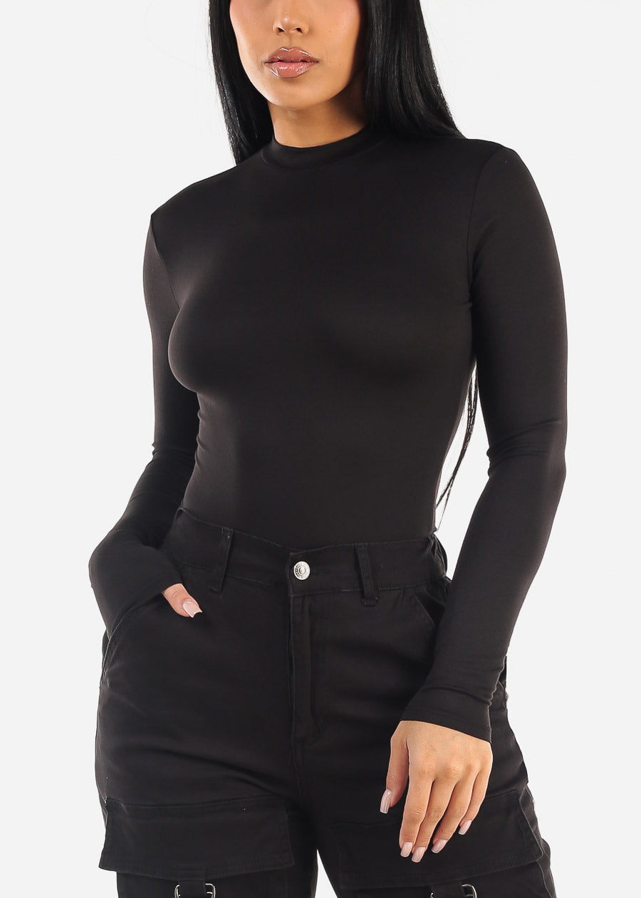 Black Long Sleeve Mock Neck Thong Bodysuit