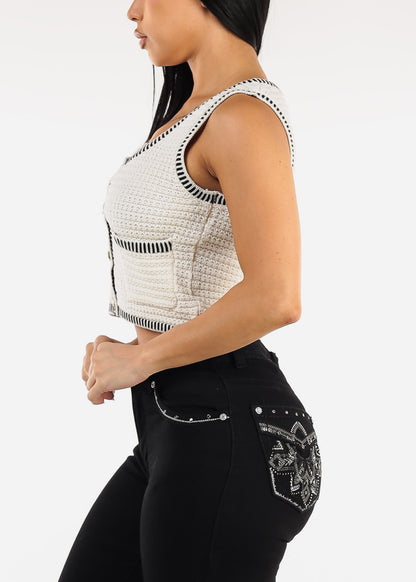 White Sleeveless Cropped Sweater Vest w Stripe Trim
