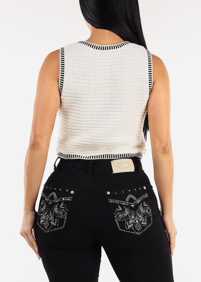White Sleeveless Cropped Sweater Vest w Stripe Trim