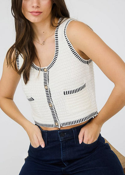 White Sleeveless Cropped Sweater Vest w Stripe Trim