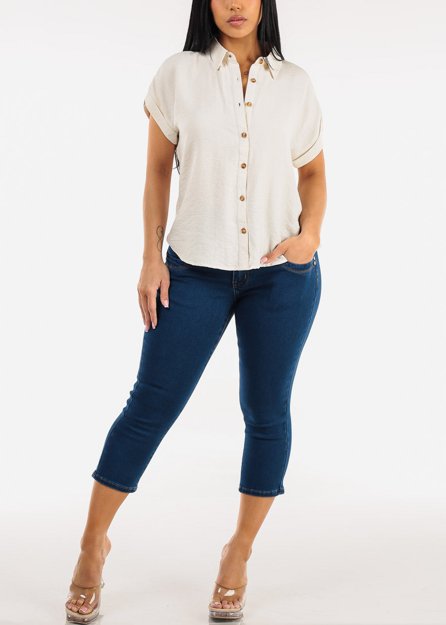 Short Sleeve Button Down Lightweight Blouse Beige
