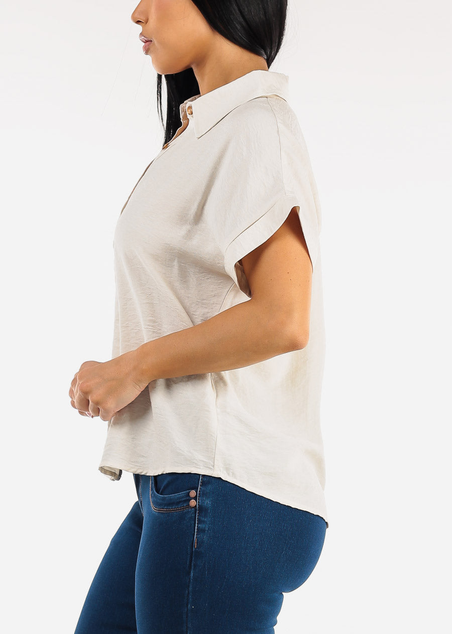 Short Sleeve Button Down Lightweight Blouse Beige