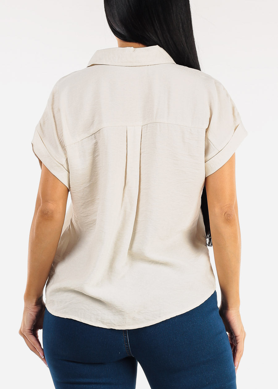 Short Sleeve Button Down Lightweight Blouse Beige