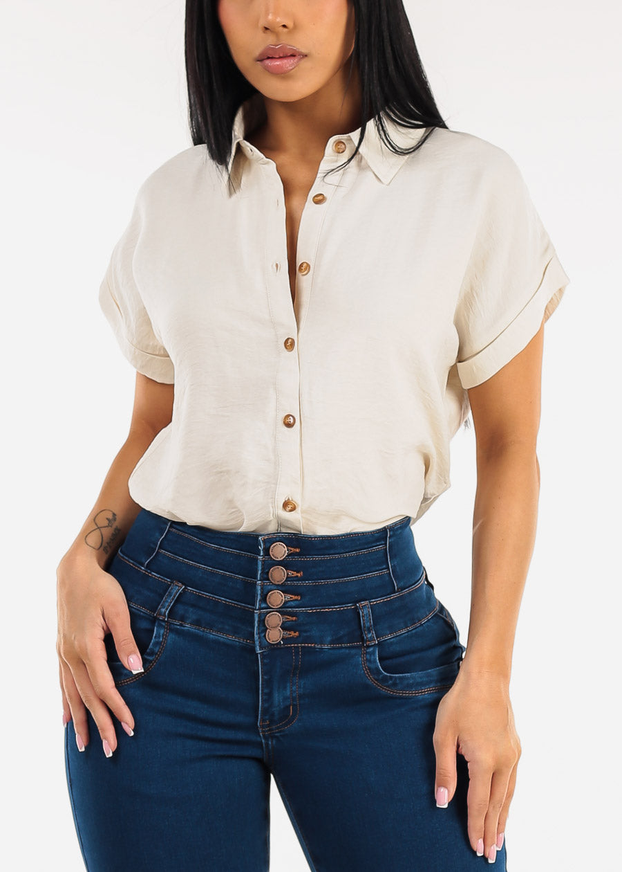 Short Sleeve Button Down Lightweight Blouse Beige