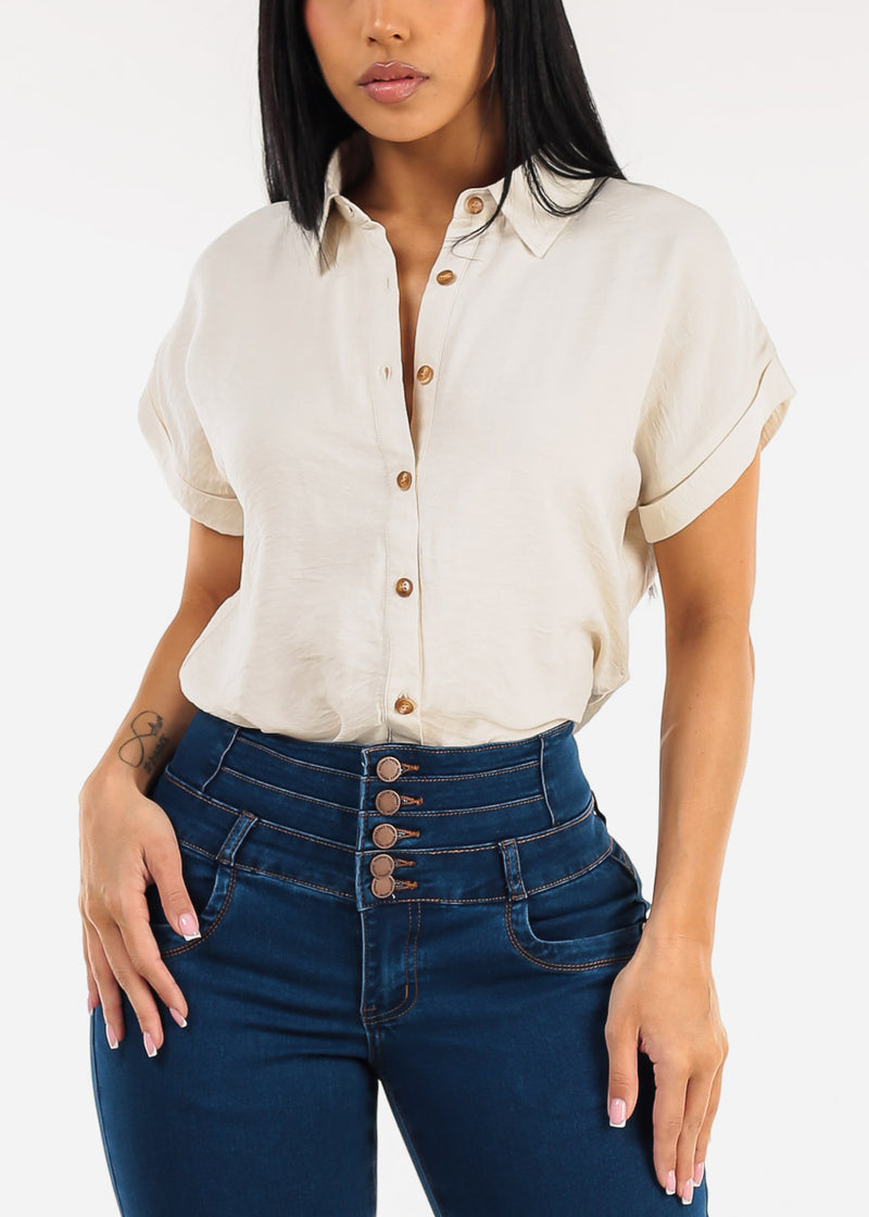 Short Sleeve Button Down Lightweight Blouse Beige