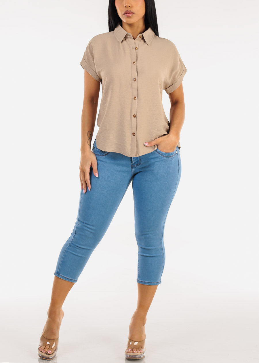Short Sleeve Button Down Lightweight Blouse Khaki