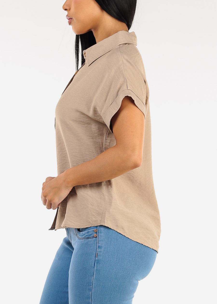 Short Sleeve Button Down Lightweight Blouse Khaki