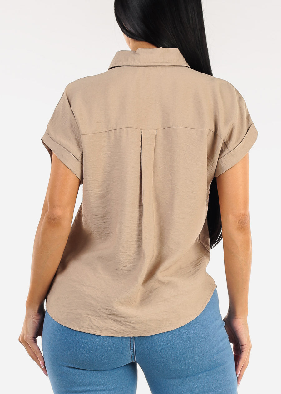 Short Sleeve Button Down Lightweight Blouse Khaki