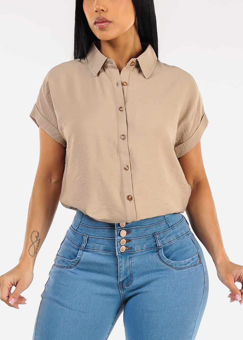 Short Sleeve Button Down Lightweight Blouse Khaki