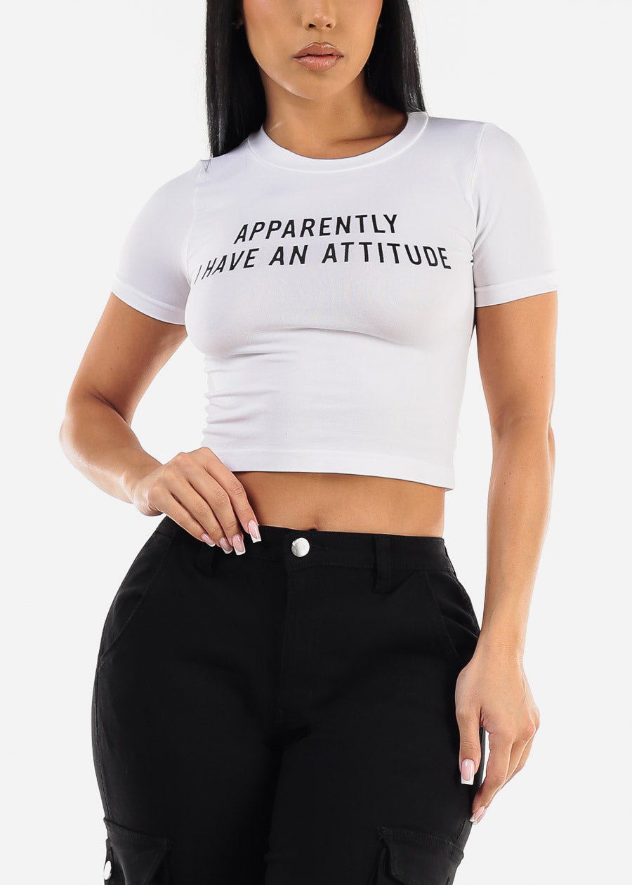 Short Sleeve White Graphic Crop Top 