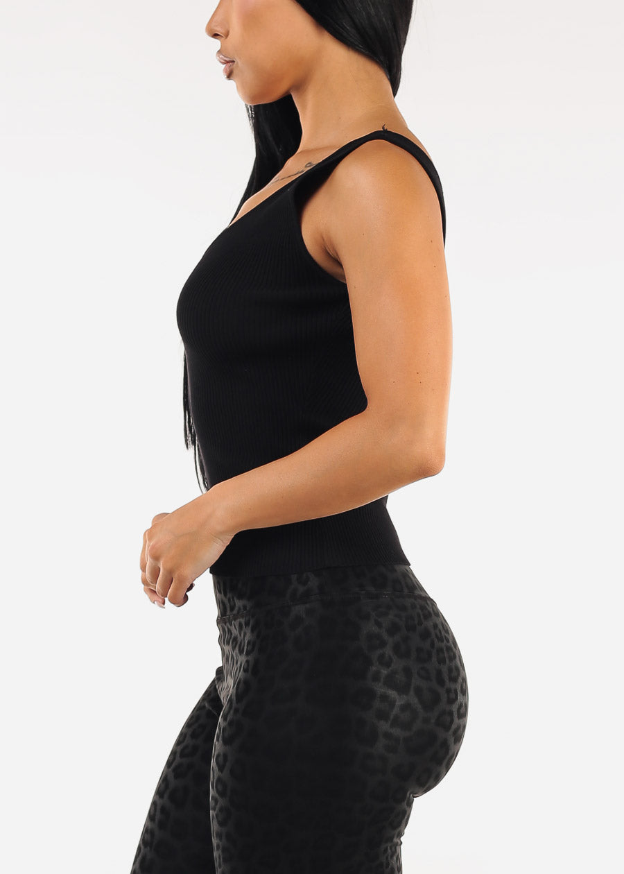 Stretchy Sleeveless Vneck Ribbed Top Black